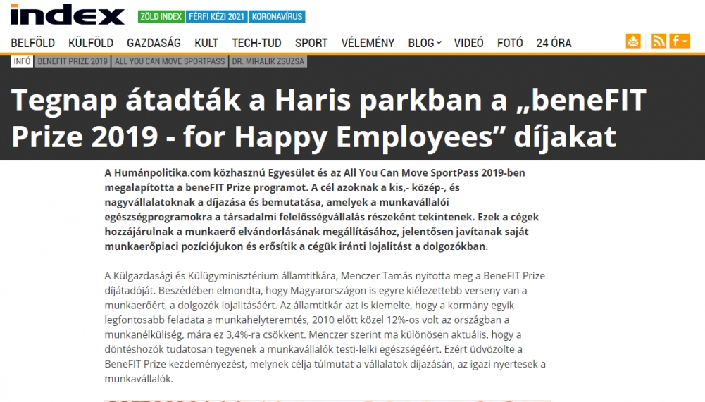 TEGNAP ÁTADTÁK A HARIS PARKBAN A BENEFIT PRIZE 2019 - FOR HAPPY EMPLOYEES DÍJAKAT Irodabútor,Tegnap,átadták,Haris,parkban,„beneFIT,Prize,Employees”,2019, Happy Employees, díjakat,europadesign, press, editorial, szakcikk 